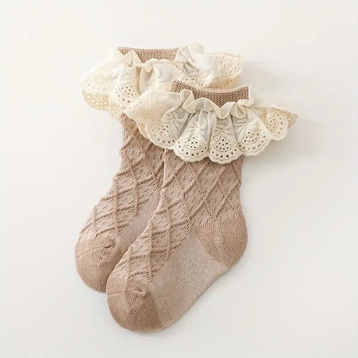 Ruffled Lace Socks in Light Brown